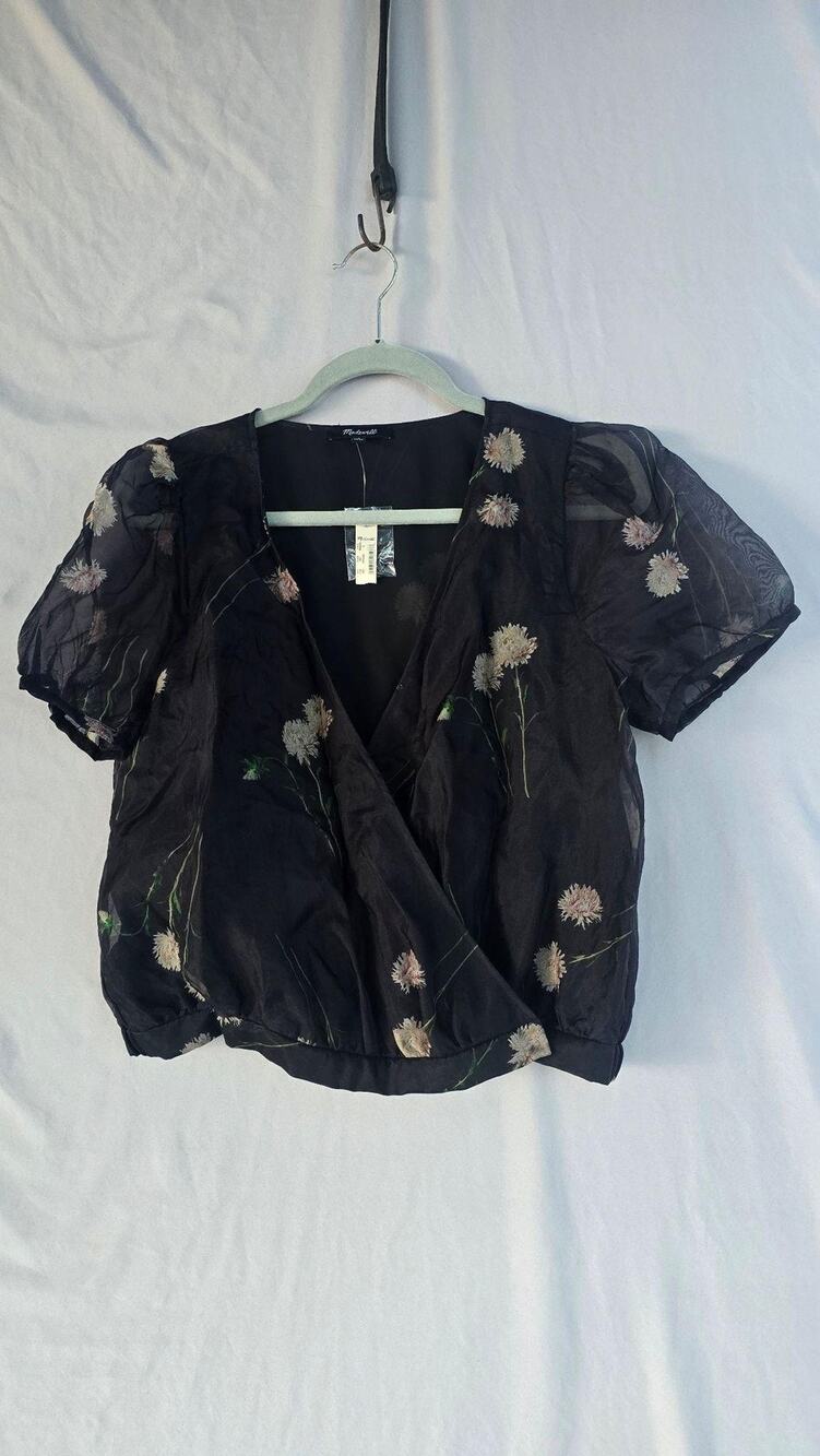 Madewell Blouse Womens Small Black Floral Silk Wrap V Neck Puff Sleeve Crop Top